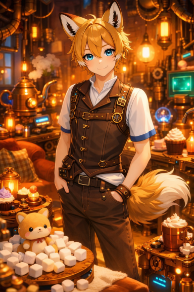 Jeune homme aux oreilles de renard, dans un atelier coloré avec des gadgets et des douceurs.