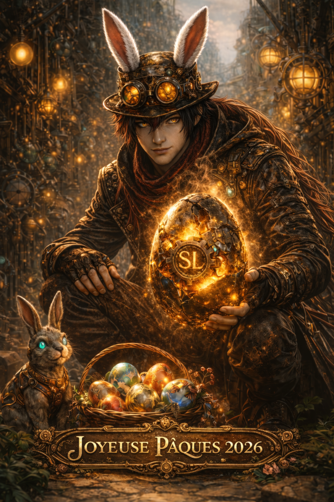Pâques 2026 Personne avec un chapeau orné, tenant un œuf lumineux, entouré de lapins et de lumières.