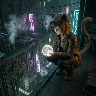 Une jeune fille avec une capuche de chat tient une boule cristalline sur un toit urbain.