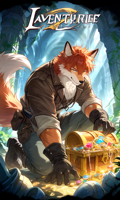 Un renard anthropomorphe explore une caverne avec un coffre rempli de trésors.