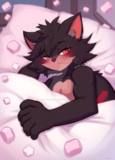 Un personnage félin au pelage noir, allongé sur des oreillers, avec des yeux rouges.
