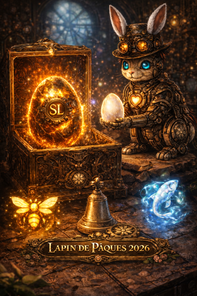 Lapin de Pâques 2026 Lapin de Pâques avec œufs colorés et objets magiques dans un coffre décoratif.