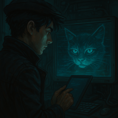 Homme avec une tablette, regardant un écran montrant un chat lumineux.