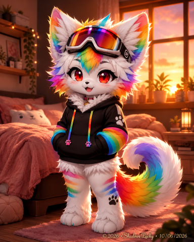 Chaton coloré avec des lunettes de ski, portant un sweat à capuche dans une chambre lumineuse.