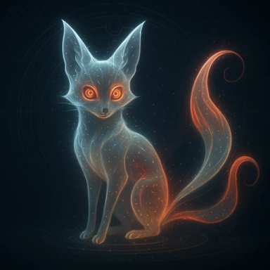 Un renard éthéré avec des yeux orange et une queue lumineuse.