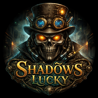 Squelette en chapeau haut de forme avec lunettes, logo "Shadows Lucky" en bas.