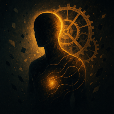 Silhouette d'une figure humaine avec des engrenages et une lumière chaleureuse au cœur.