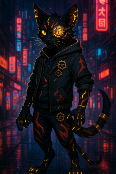 Chat anthropomorphique avec un look moderne et des motifs rouge et noir dans une ville éclairée.