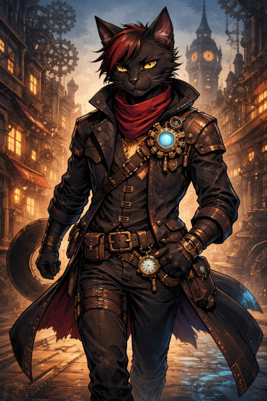 Un félin humanoïde en manteau steampunk, avec la ville en arrière-plan.