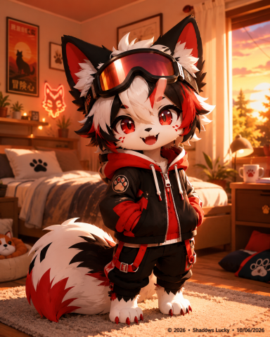 Un personnage de fourrure mignon, portant une veste noire et des lunettes de ski.