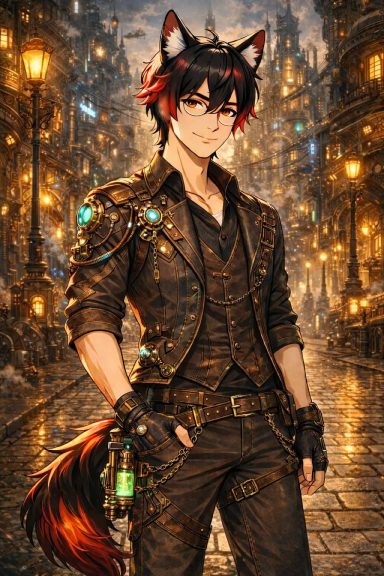 Jeune homme avec des oreilles de renard, vêtu de vêtements steampunk dans une rue illuminée.