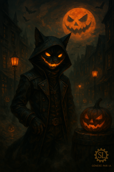 Personnage masqué en passant devant des lanternes et une citrouille grimaçante.